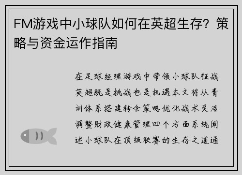 FM游戏中小球队如何在英超生存？策略与资金运作指南